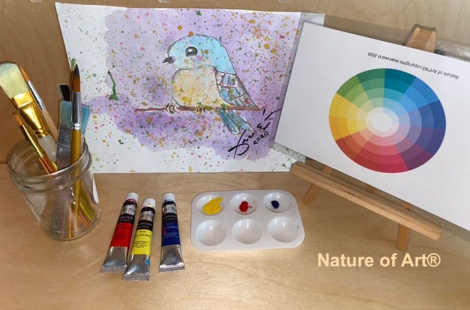watercolor primary colors, color wheel and a jar of paintbrushes. panitng of a bird
