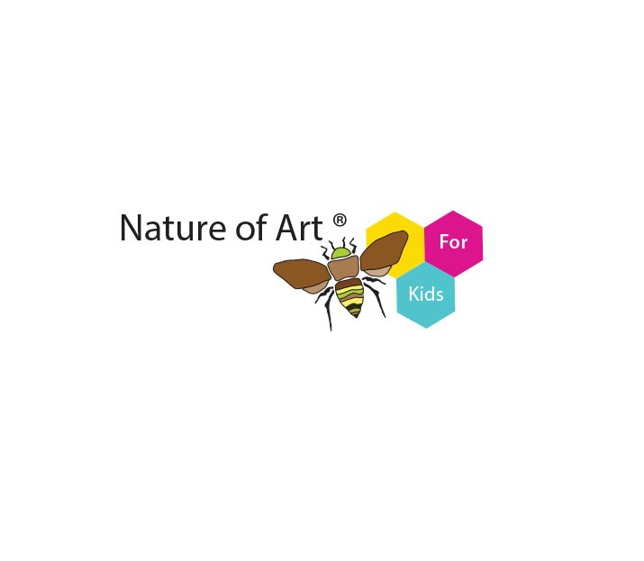 Nature of Art logo, bee with colorful three bee hive cones
